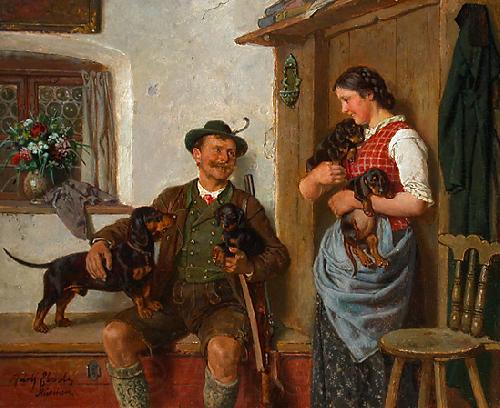 Gustav Eberlein Die Dackelfamilie mit Jager und Magd Spain oil painting art